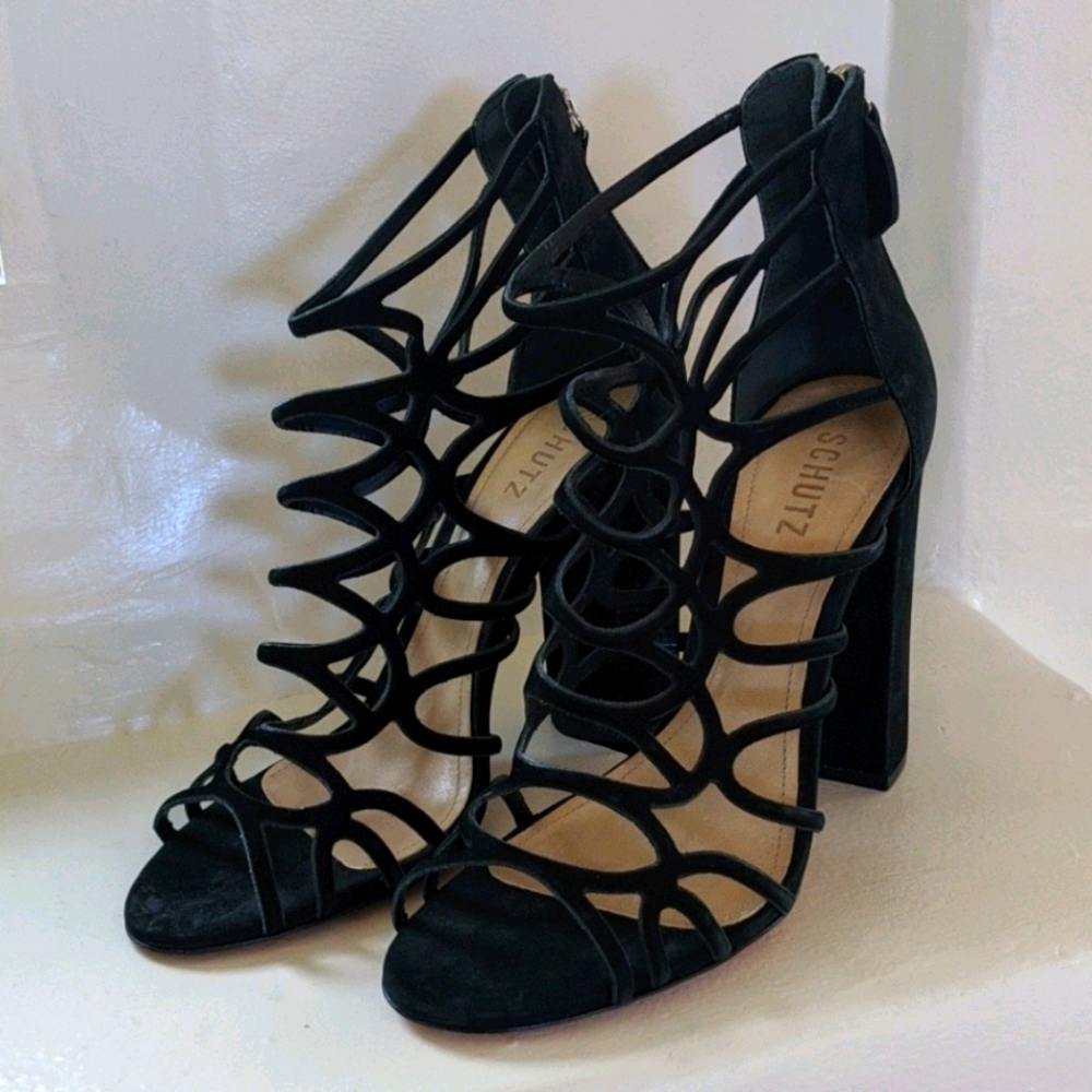 Schutz Ingriditte Cage Block Heel Sandal Black Suede